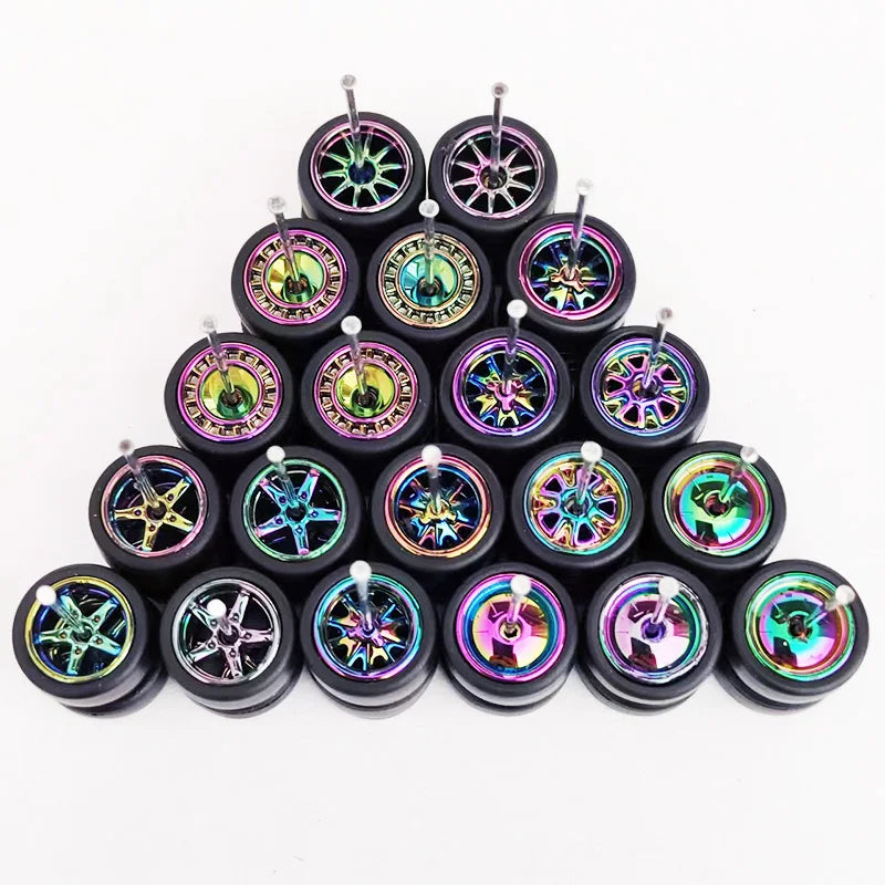 1/64 Scale Alloy Car Wheels with Rubber Tires - 10 Sets