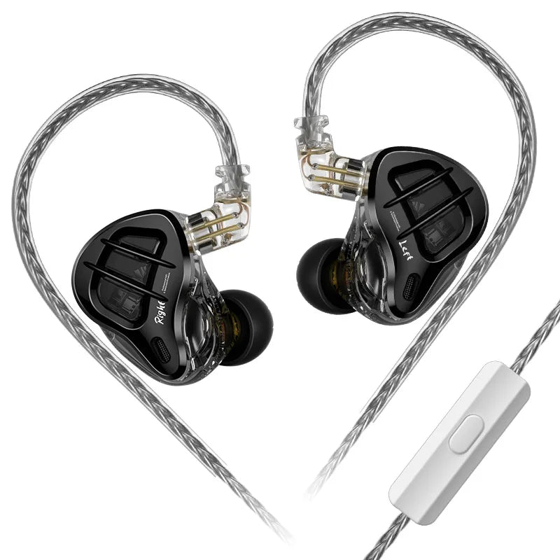 A pair of KZ ZAR Hybrid Driver in-ear monitors with detachable cables and a control unit.