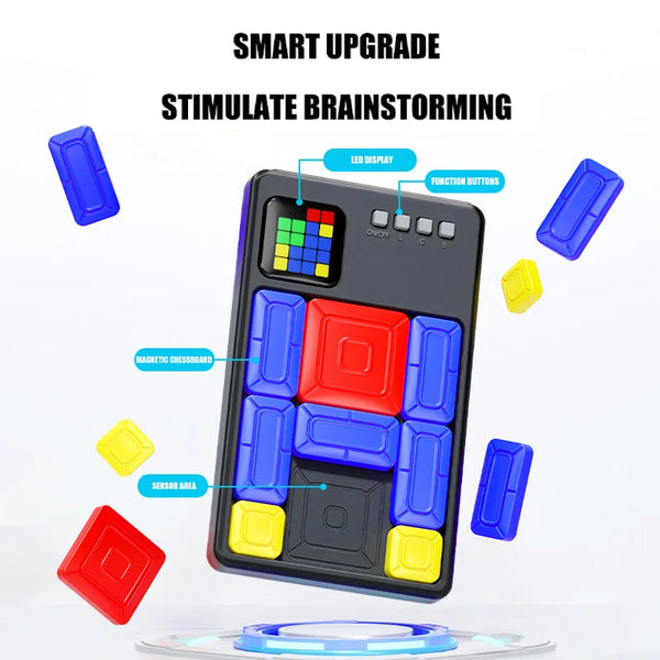 A black slide puzzle brain teaser game with various colored tiles and buttons is shown on a white background.