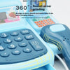 A close-up of a blue interactive cash register toy for children showing the keypad and grinding features.