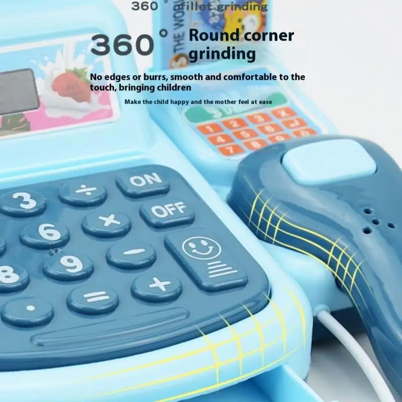 A close-up of a blue interactive cash register toy for children showing the keypad and grinding features.