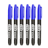 A pack of six blue permanent fine-tip markers standing upright.