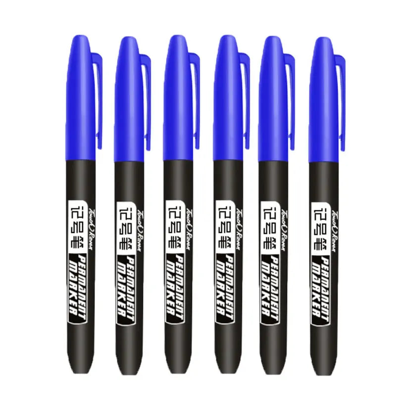 A pack of six blue permanent fine-tip markers standing upright.