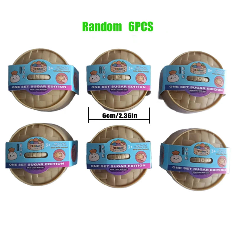 Six pieces of edible sugar edition dumpling squishy stress relief toys packaged in individual boxes.