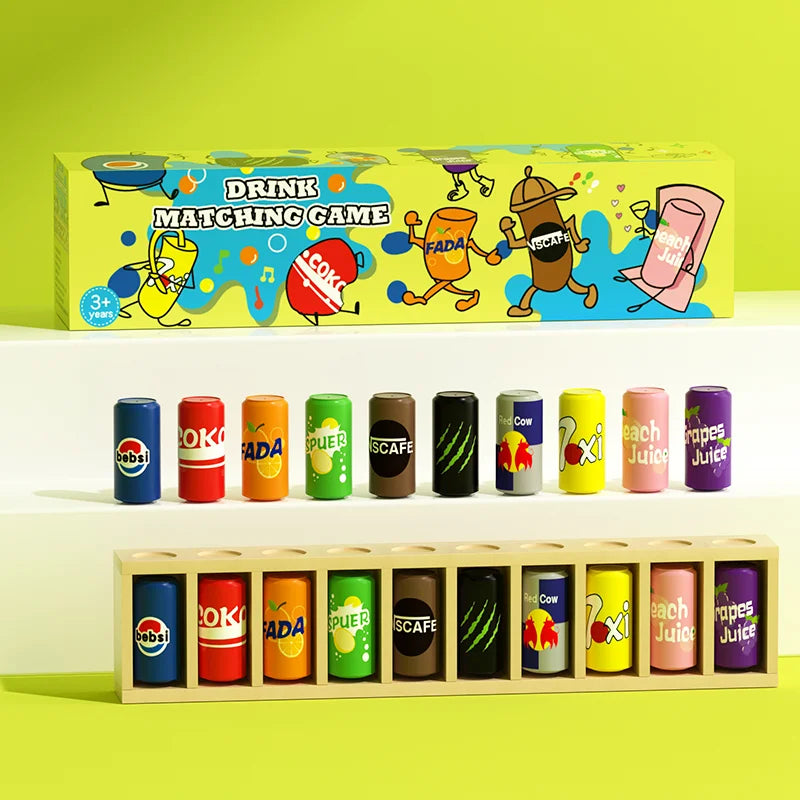 A box of a drink matching game featuring colorful cans and characters for preschool learning.