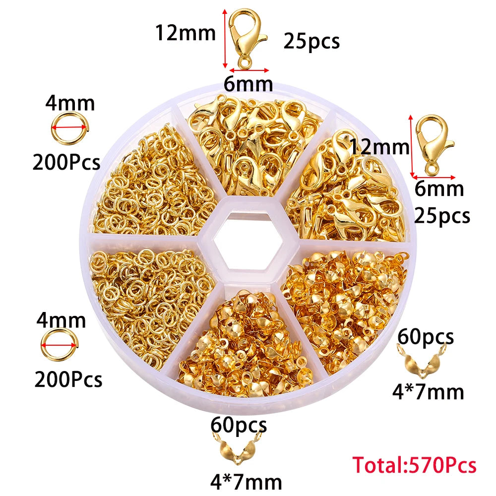 Jewelry making kit containing various gold-colored jump rings, clasps, and crimps in multiple quantities.