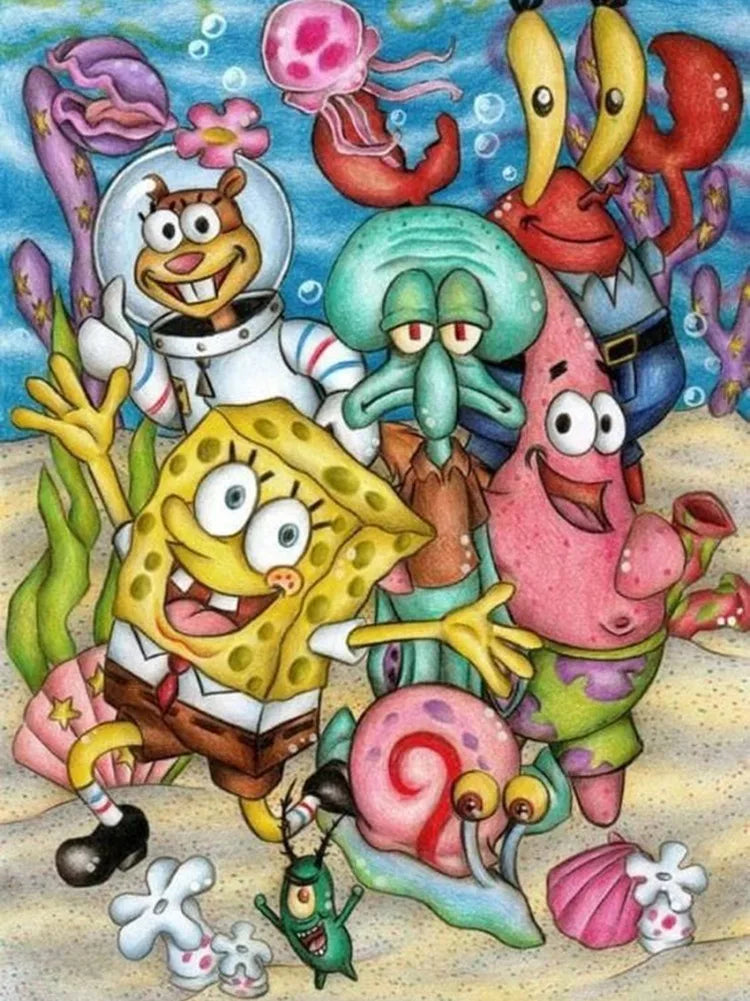 A colorful diamond painting kit featuring characters from SpongeBob SquarePants