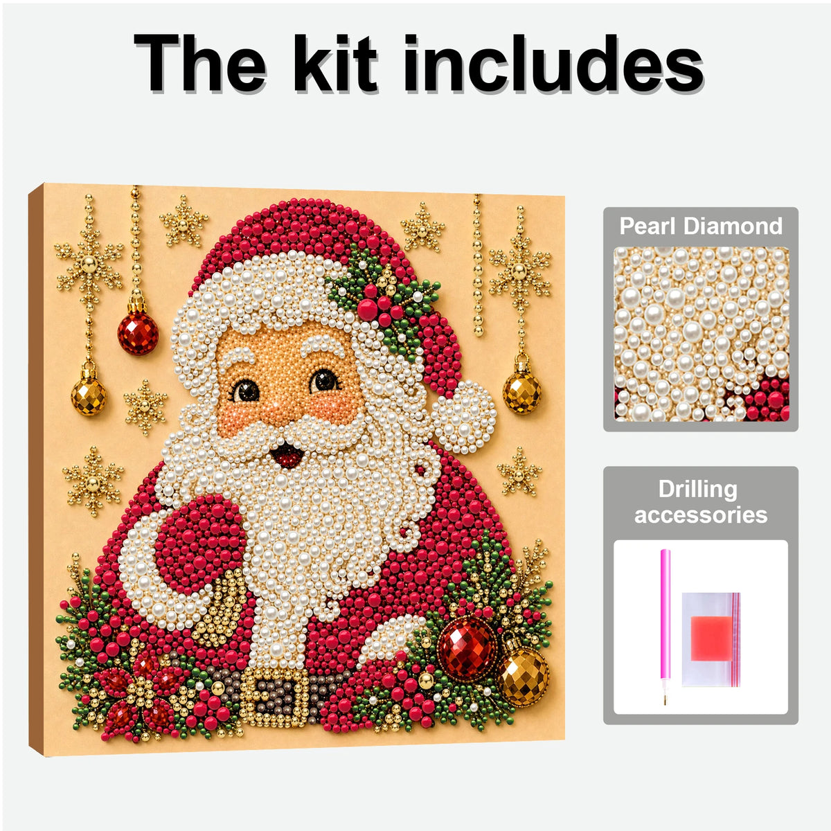 A Christmas themed pearl diamond painting kit featuring Santa Claus and festive decorations on a wooden background.