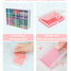Diamond painting storage trays with lids and an organizer rack showing various colors of diamonds