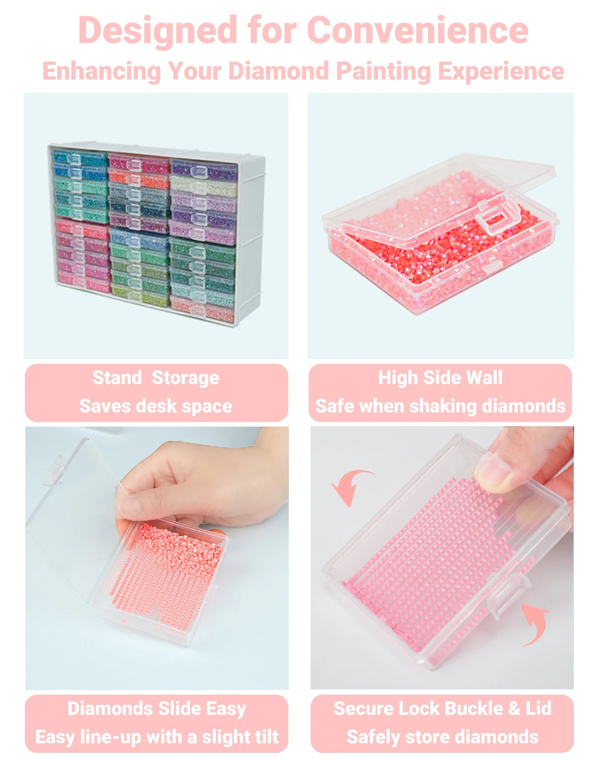 Diamond painting storage trays with lids and an organizer rack showing various colors of diamonds
