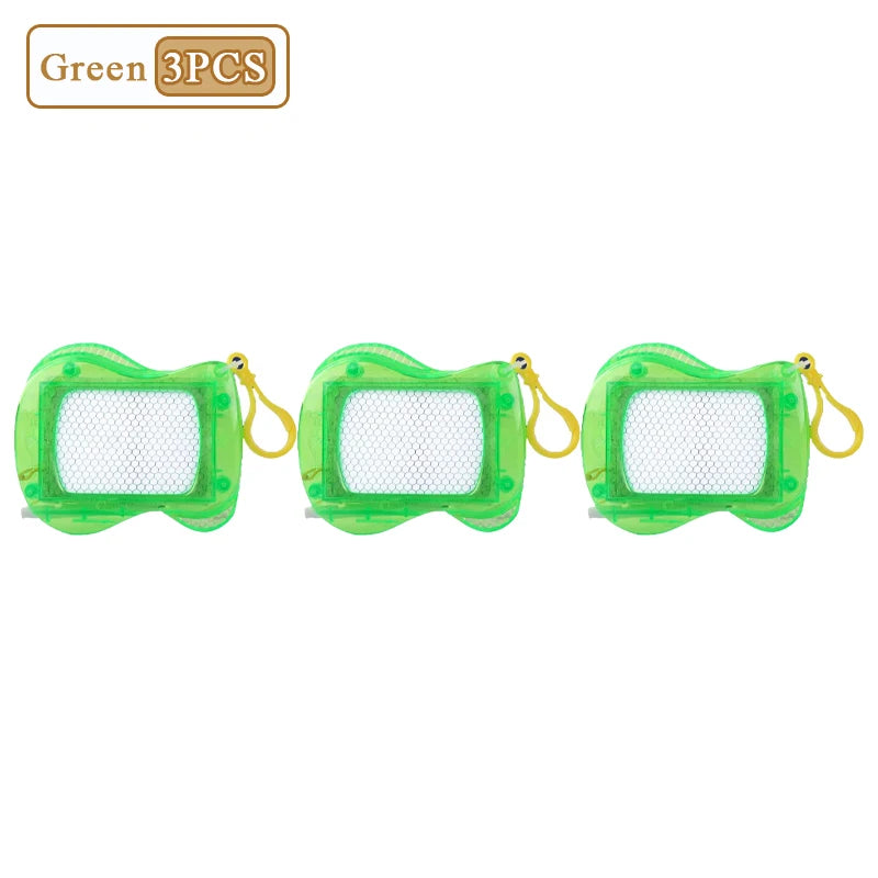 Three green mini magnetic drawing board keychains with attached strings and styluses