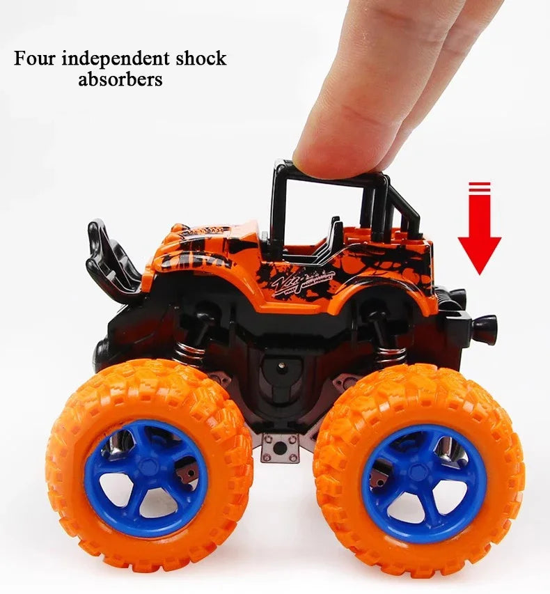 Orange and black friction-powered monster truck toy with four independent shock absorbers