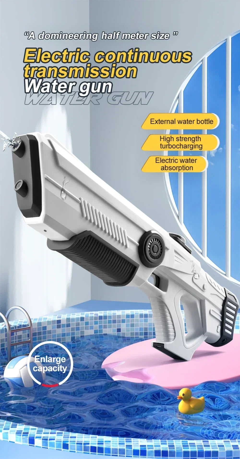 A white electric water gun is shown firing a stream of water into a swimming pool.