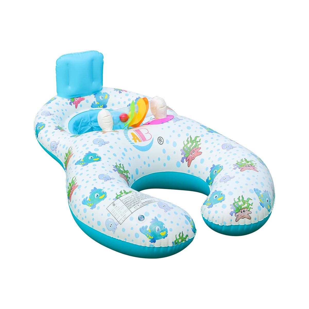 A blue inflatable pool lounger for two featuring a sun canopy and backrest with colorful sea creatures.