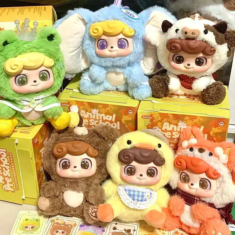 A collection of soft plush collectible dolls featuring various animal characters in a blind box packaging.