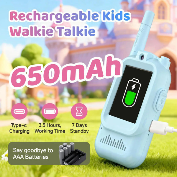 A light blue rechargeable kids walkie talkie device with a green indicator light and charging port is shown outdoors.