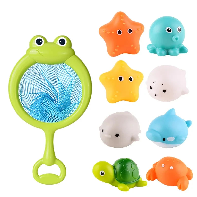 A set of glow-in-the-dark animal washing water toys including a frog, star, and various other colorful sea creatures.