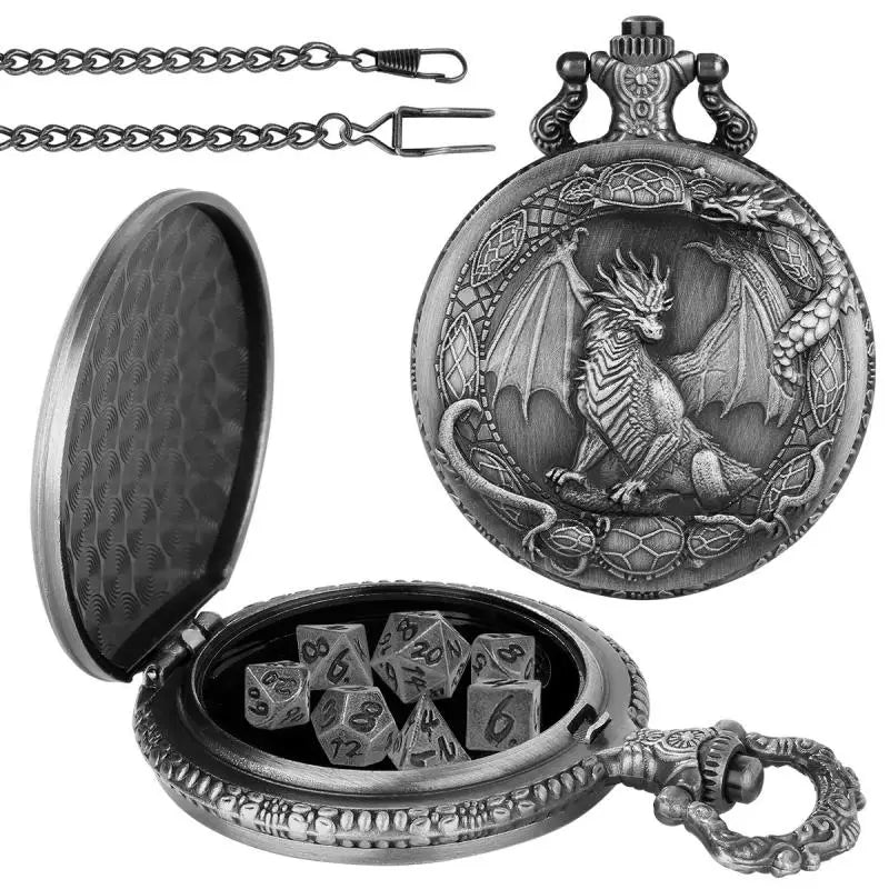 Metal Polyhedral Dice Set with Pocket Watch Case