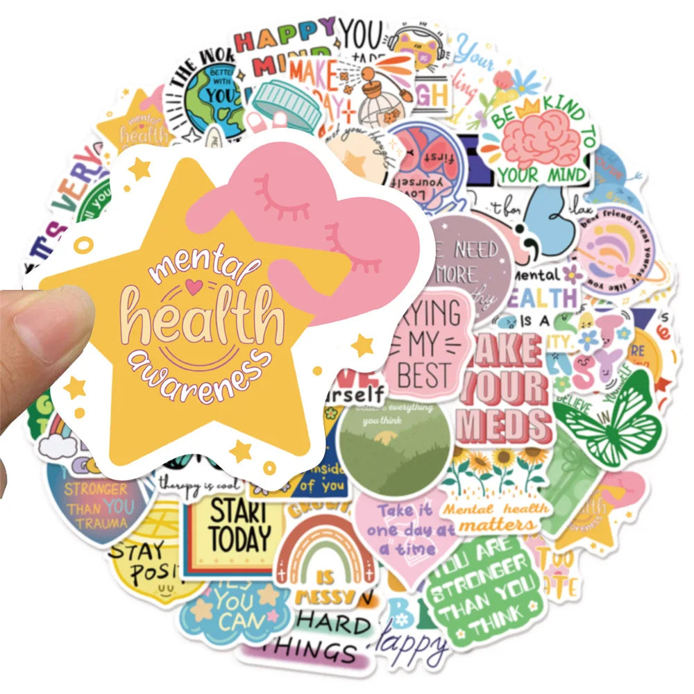 A colorful circle of mental health awareness stickers featuring positive affirmations and supportive messages.