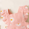 Pink floral ruffle bodysuit for baby girls with white daisy print