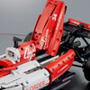 A red and white formula racing car building block set showing a tail compartment opening and closing mechanism.