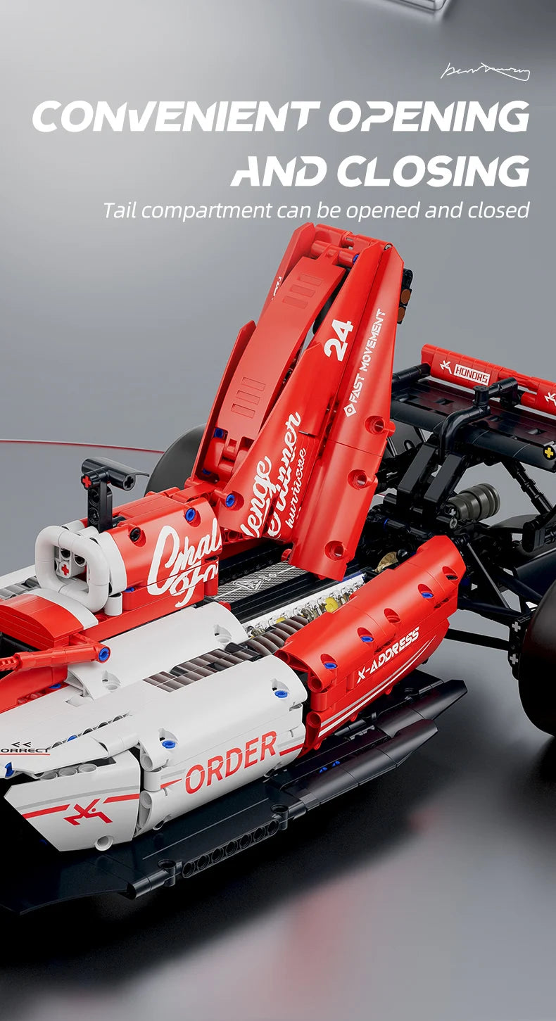 A red and white formula racing car building block set showing a tail compartment opening and closing mechanism.