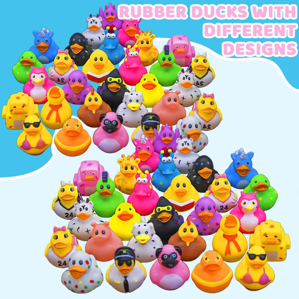 Assortment of rubber ducks with different designs and colors for water play