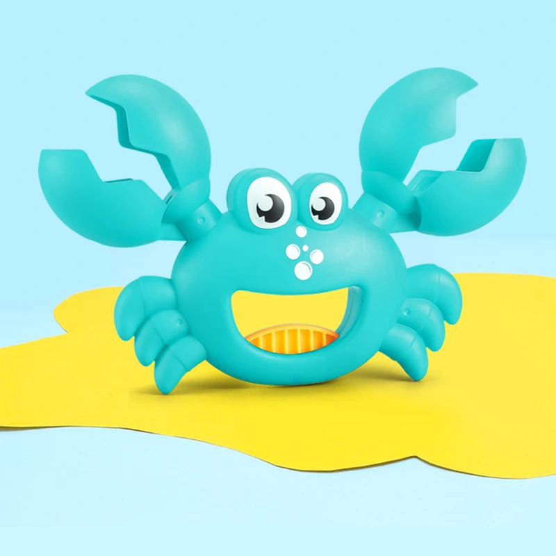 A light blue plastic toy set featuring a crab with claws and dinosaur digging tools resting on a yellow surface.