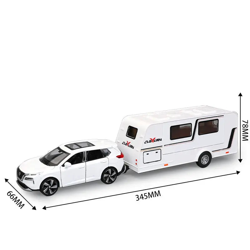 White diecast metal RV camper truck model with sound and light features shown from the side.
