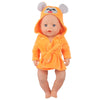 A cute cartoon animal bathrobe and nightgown set for a doll, featuring an orange hooded garment with a face design.