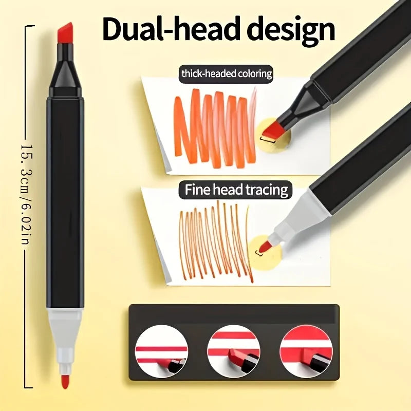 A set of black permanent art markers with dual heads demonstrating thick-headed coloring and fine head tracing techniques.