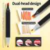 A set of black permanent art markers with dual heads demonstrating thick-headed coloring and fine head tracing techniques.