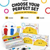 A set of three washable art markers in red, blue, and yellow are displayed next to their packaging.