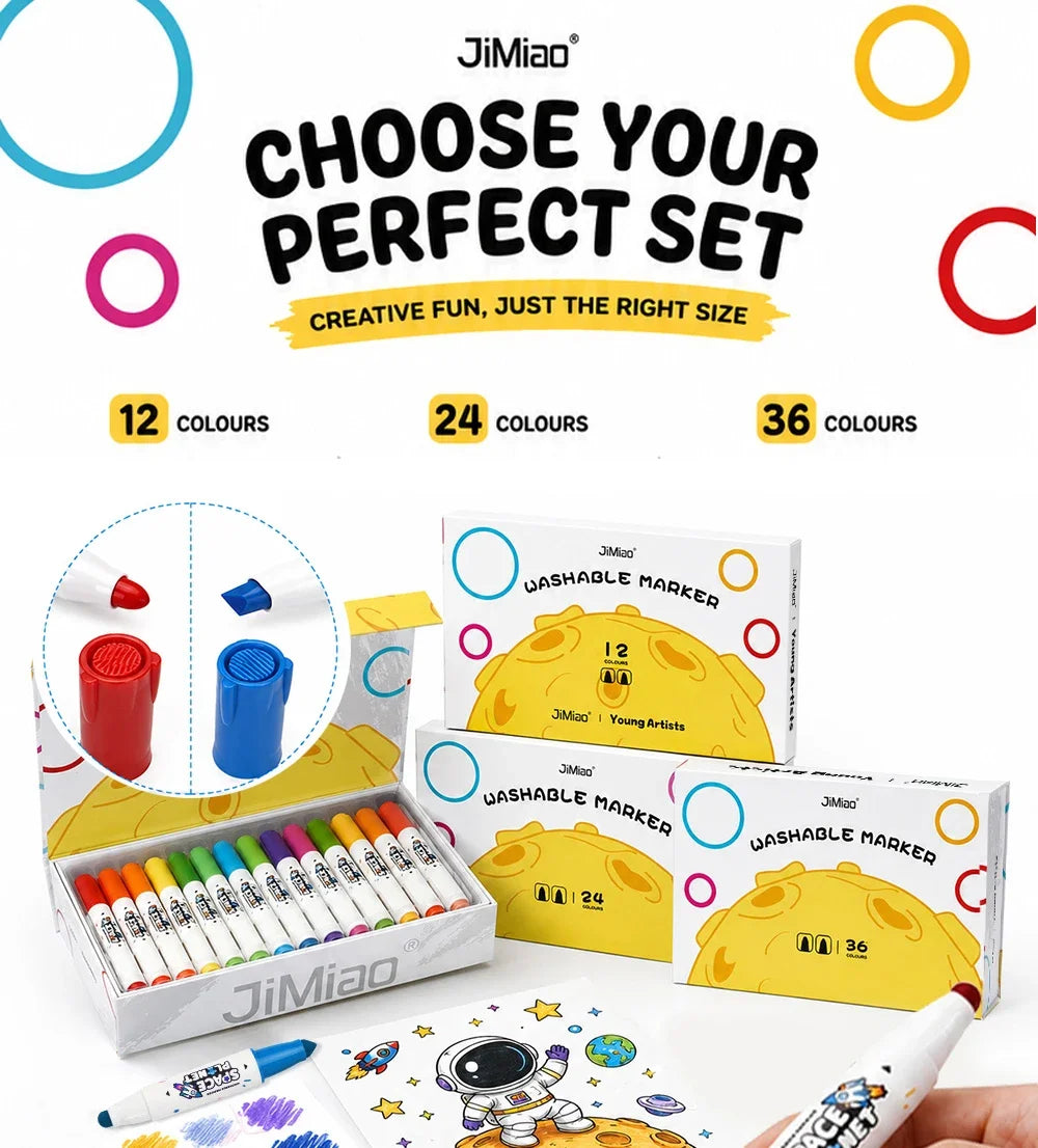 A set of three washable art markers in red, blue, and yellow are displayed next to their packaging.