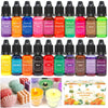 A collection of vibrant liquid colorants in dropper bottles for candle, soap, and resin crafts.