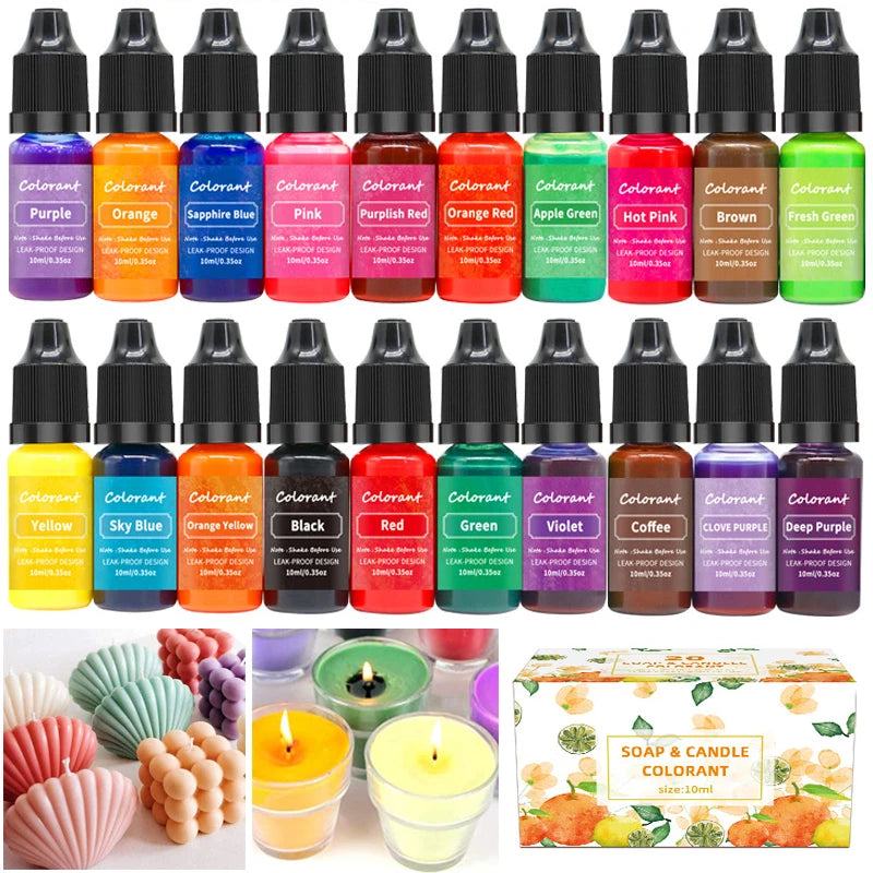A collection of vibrant liquid colorants in dropper bottles for candle, soap, and resin crafts.