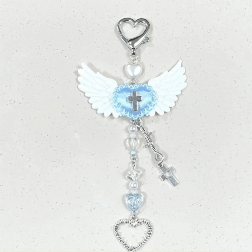 Silver beaded wing cross phone lanyard keychain with a heart charm