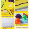 A set of yellow felt board toys featuring various fruits and vegetables with Velcro grips and safe materials for play