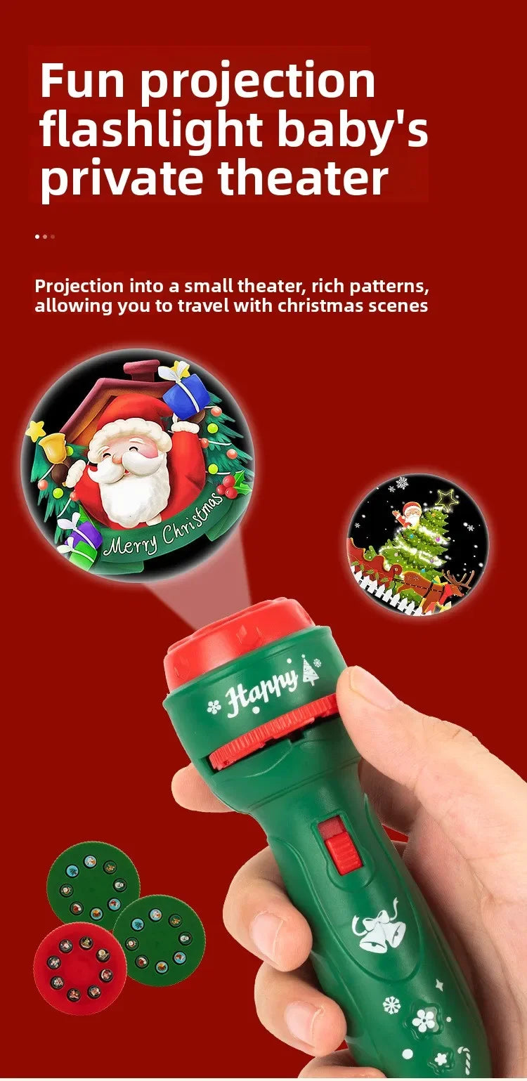 A hand holds a green flashlight with a red cap, showing a Christmas projection onto a dark surface.