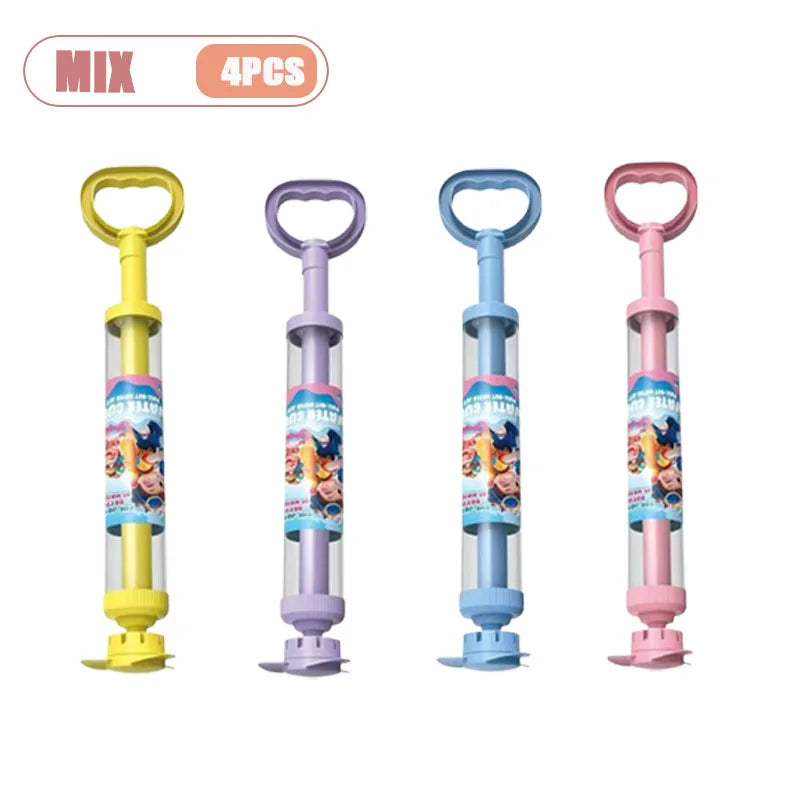 Four colorful rotating firework water blaster toys for kids in yellow, purple, and pink.