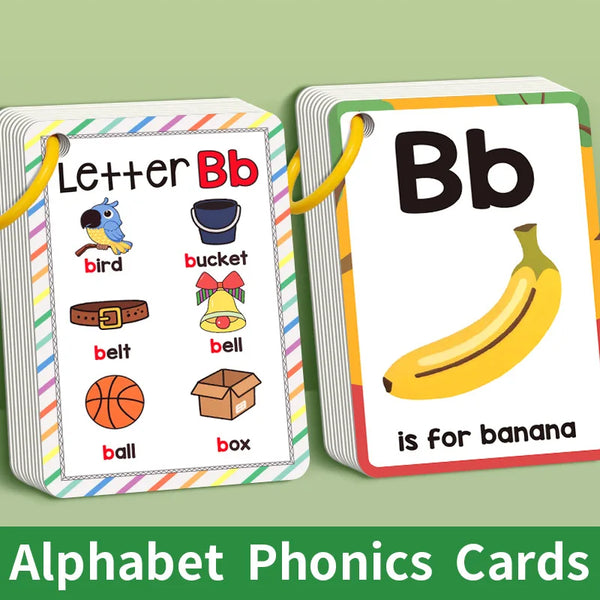 A set of alphabet phonics cards showing the letter Bb and corresponding pictures like a bird, bucket, belt, ball, and banana.