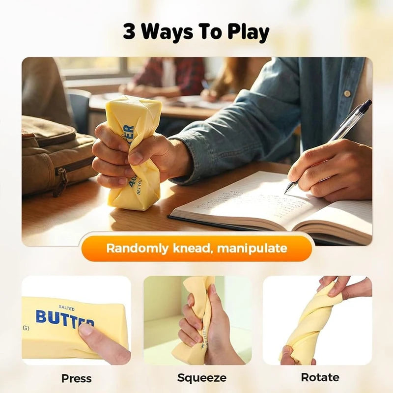 Three ways to play with a yellow butter stick fidget toy: press, squeeze, and rotate.