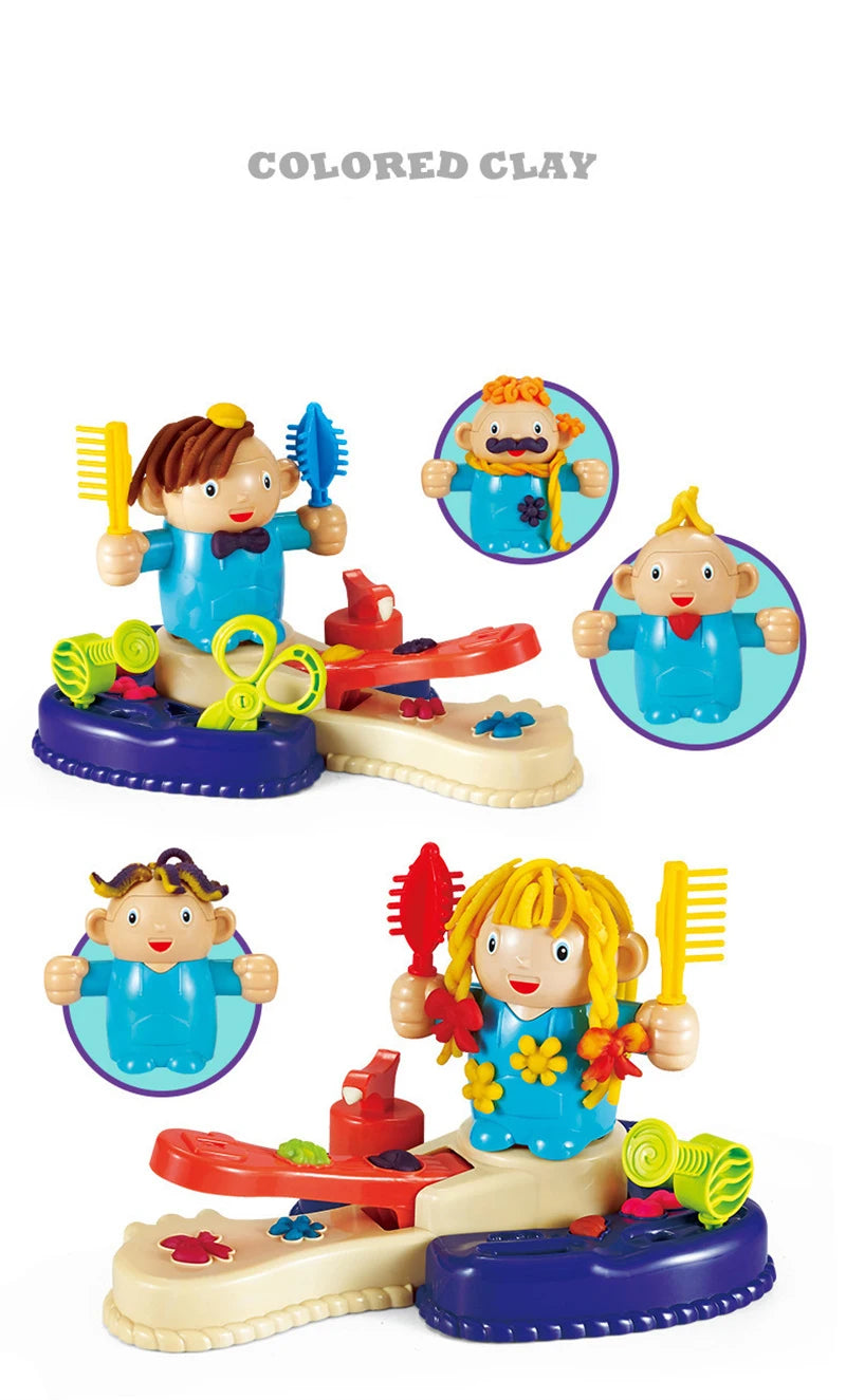 A colored clay haircut playset featuring a doll, tools, and accessories for children.