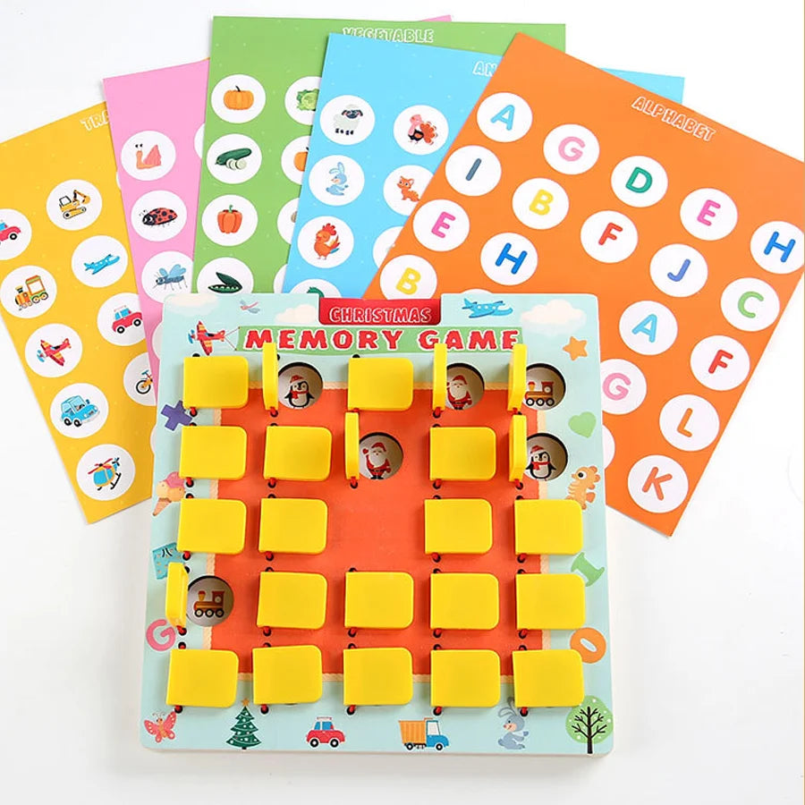 A set of colorful wooden memory match game cards featuring letters, numbers, and shapes for kids