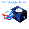 A blue and black box containing a GAN 14 Maglev Pro UV speed cube puzzle.