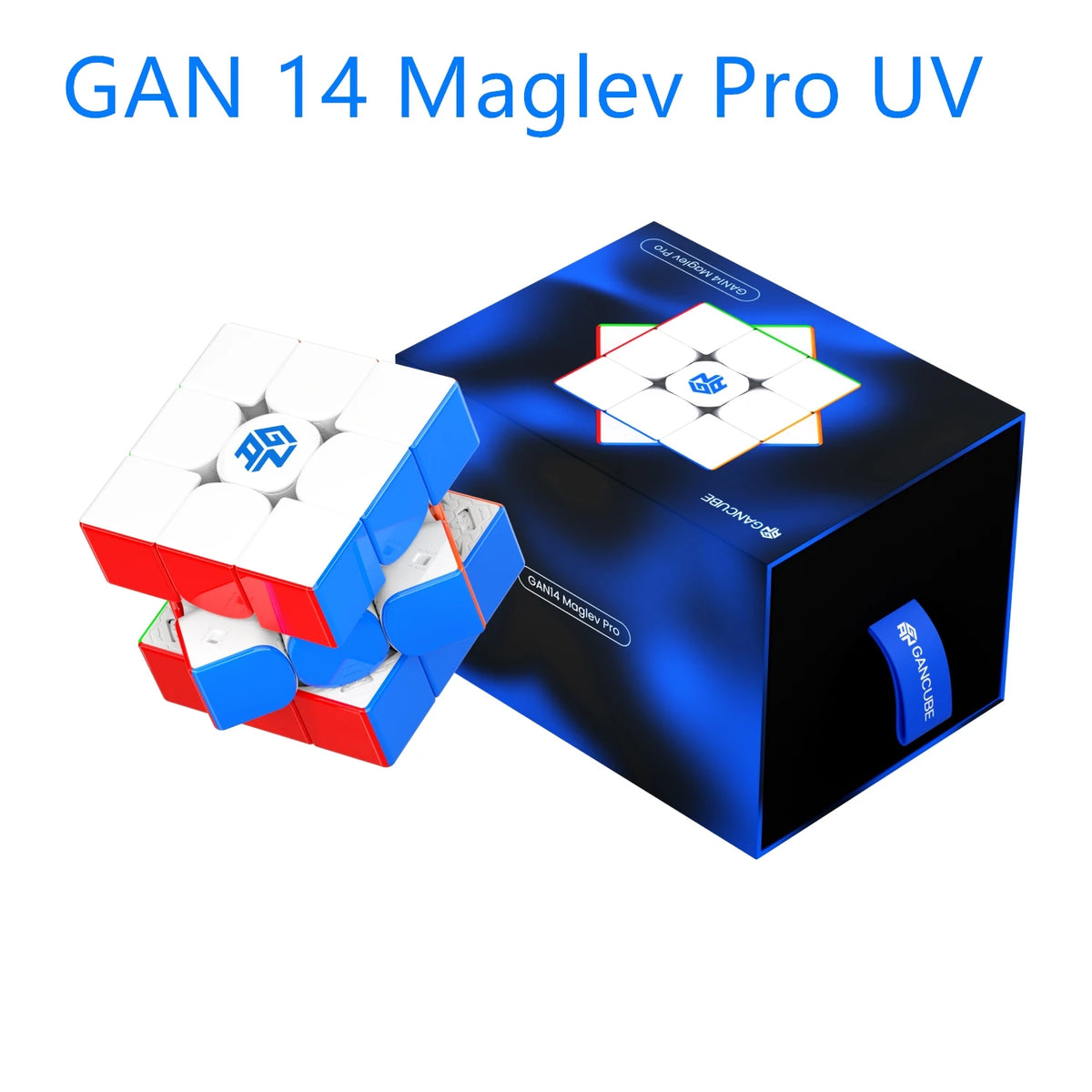 A blue and black box containing a GAN 14 Maglev Pro UV speed cube puzzle.