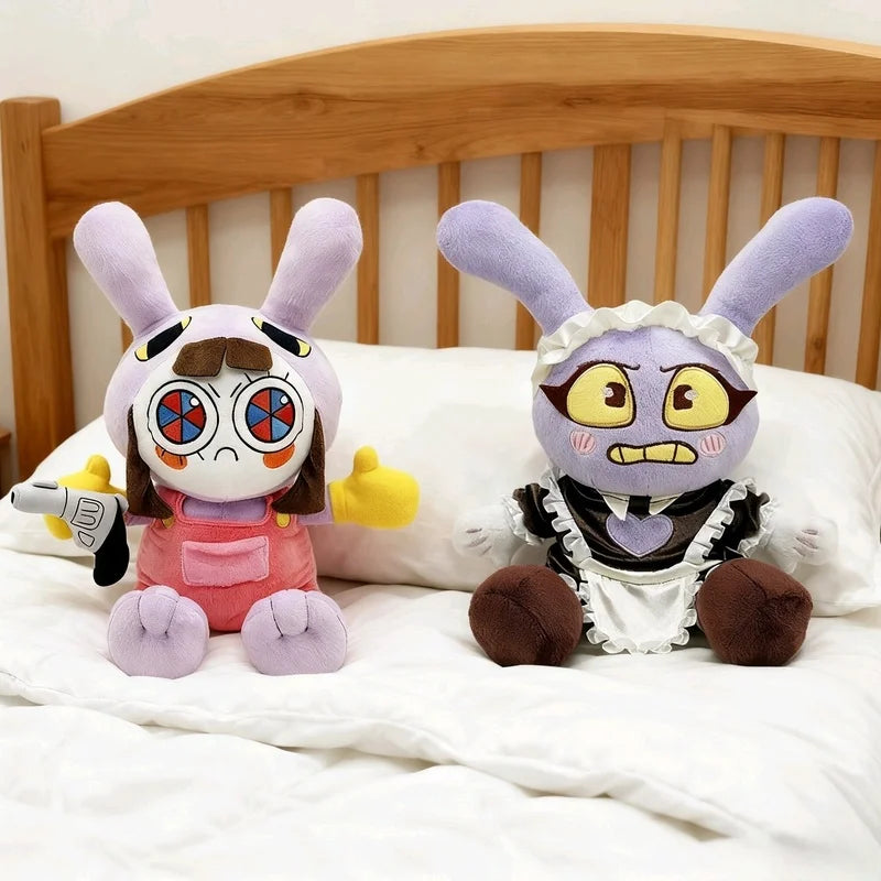 A plush doll of Maid Jax with purple ears and facial markings sitting on a white bed.