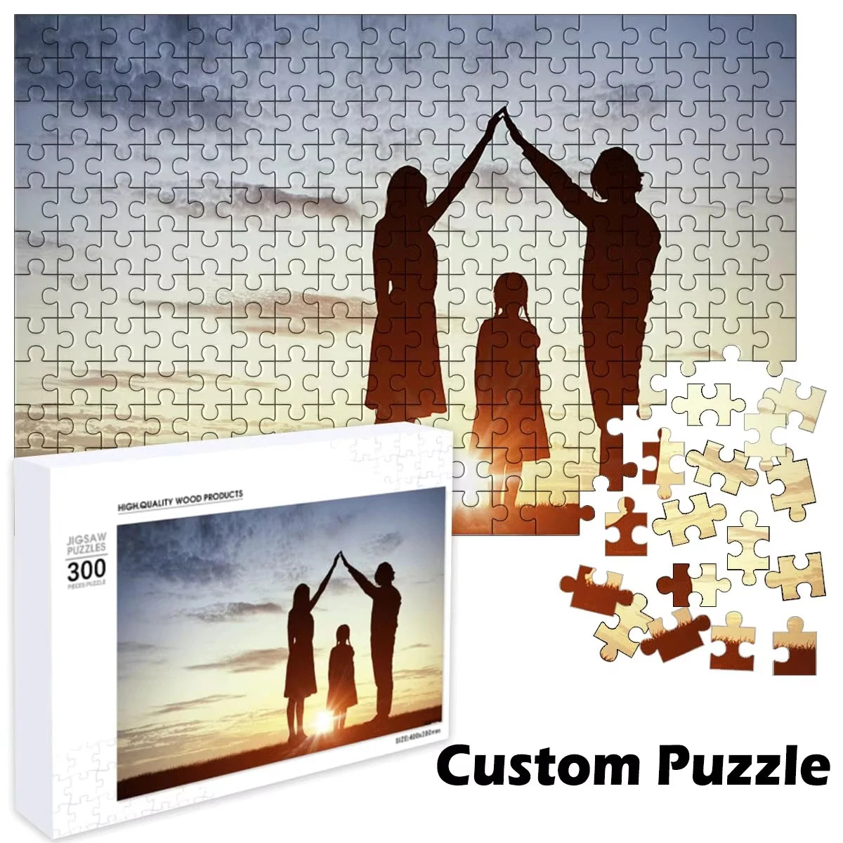 A custom jigsaw puzzle featuring silhouettes of a mother and child against a sunset background.