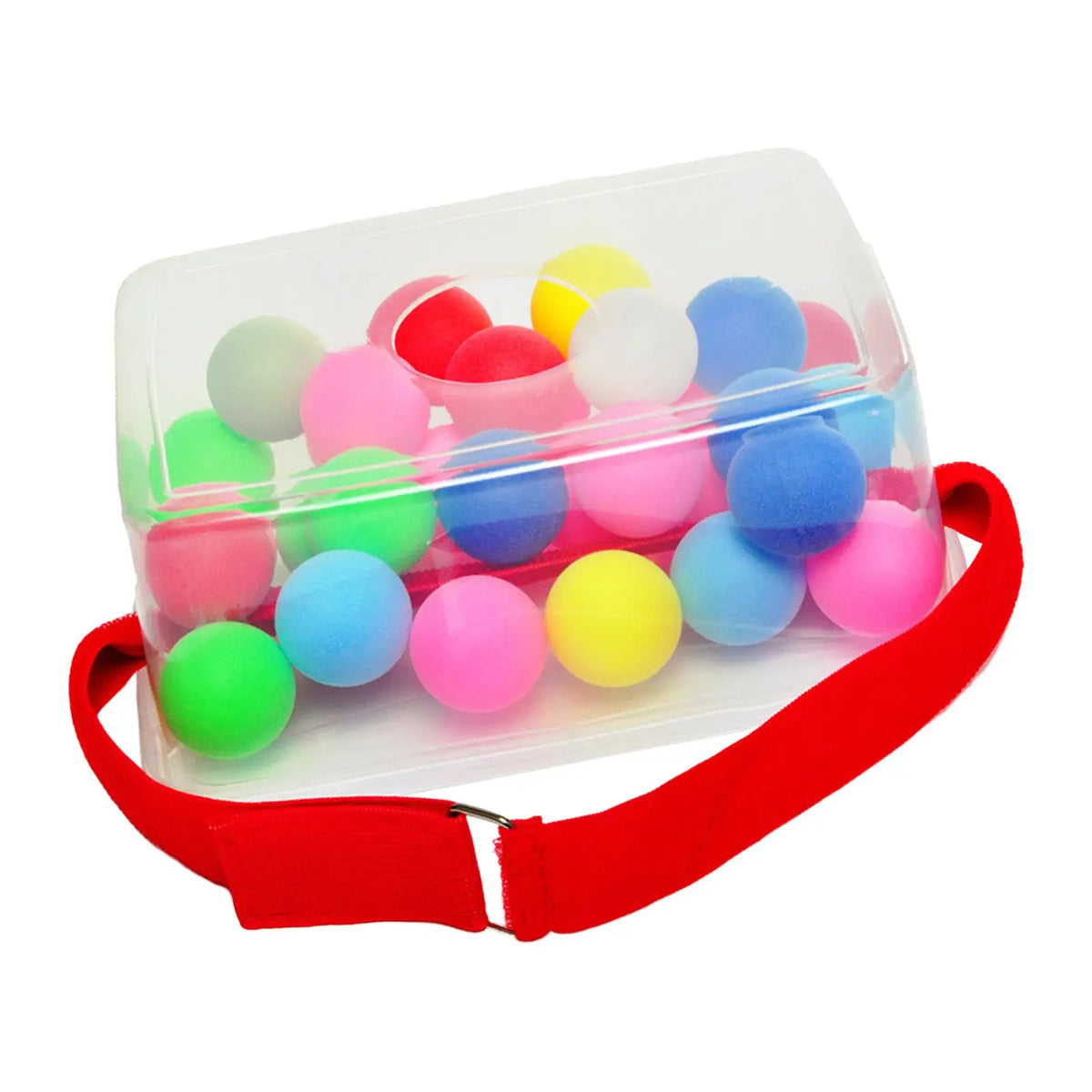 A clear plastic container filled with colorful shaking balls for a party game, held by a red elastic band.