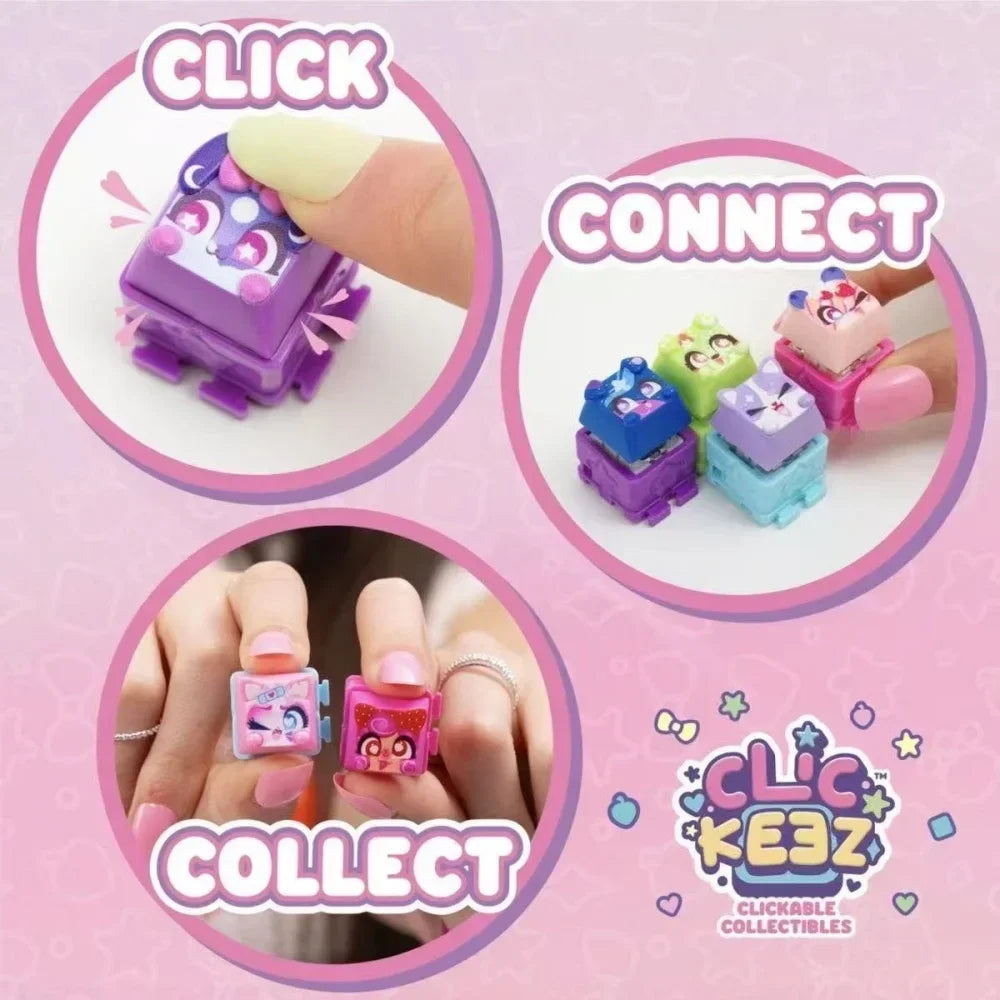 A set of colorful fidget keychains and accessories shown in three steps: click, connect, and collect.